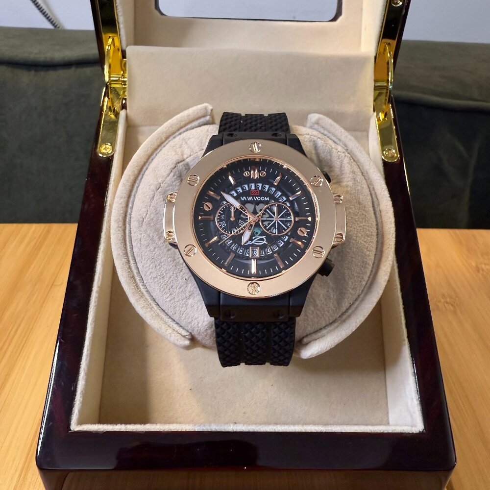 Va Va Voom 3D Gold/Black Bling Calendar Watch VA215, 45mm